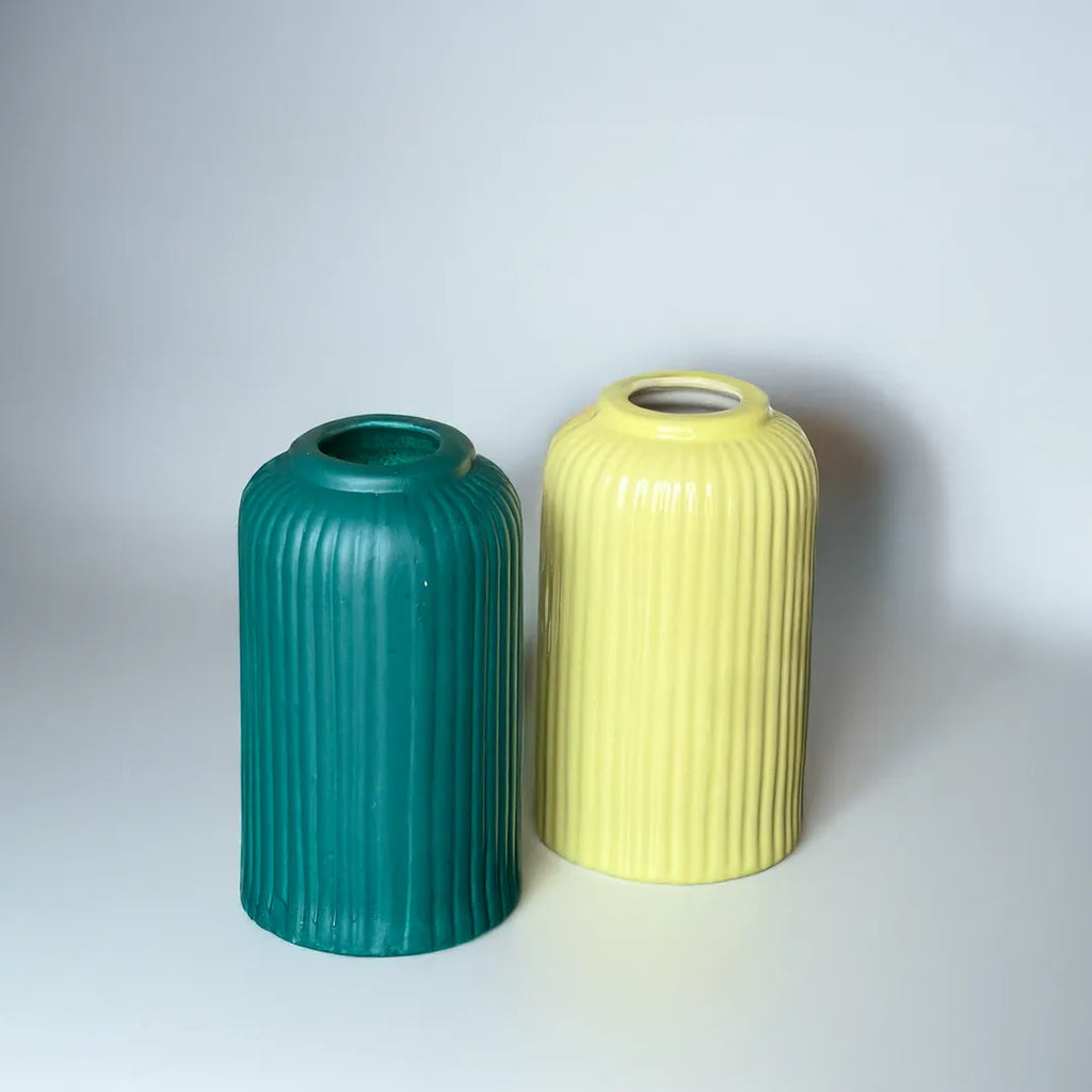 Ribbed Vases Green Yellow Duo