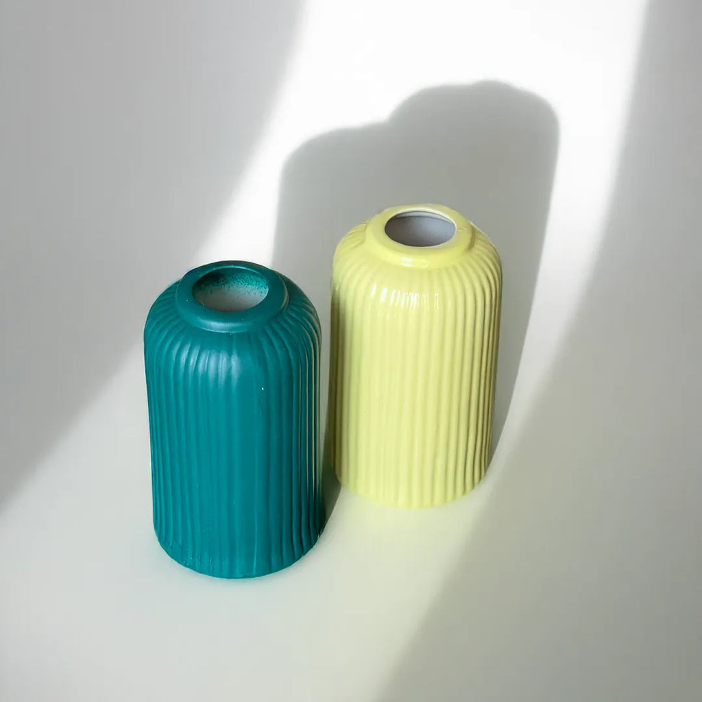 Ribbed Vases Green Yellow Duo