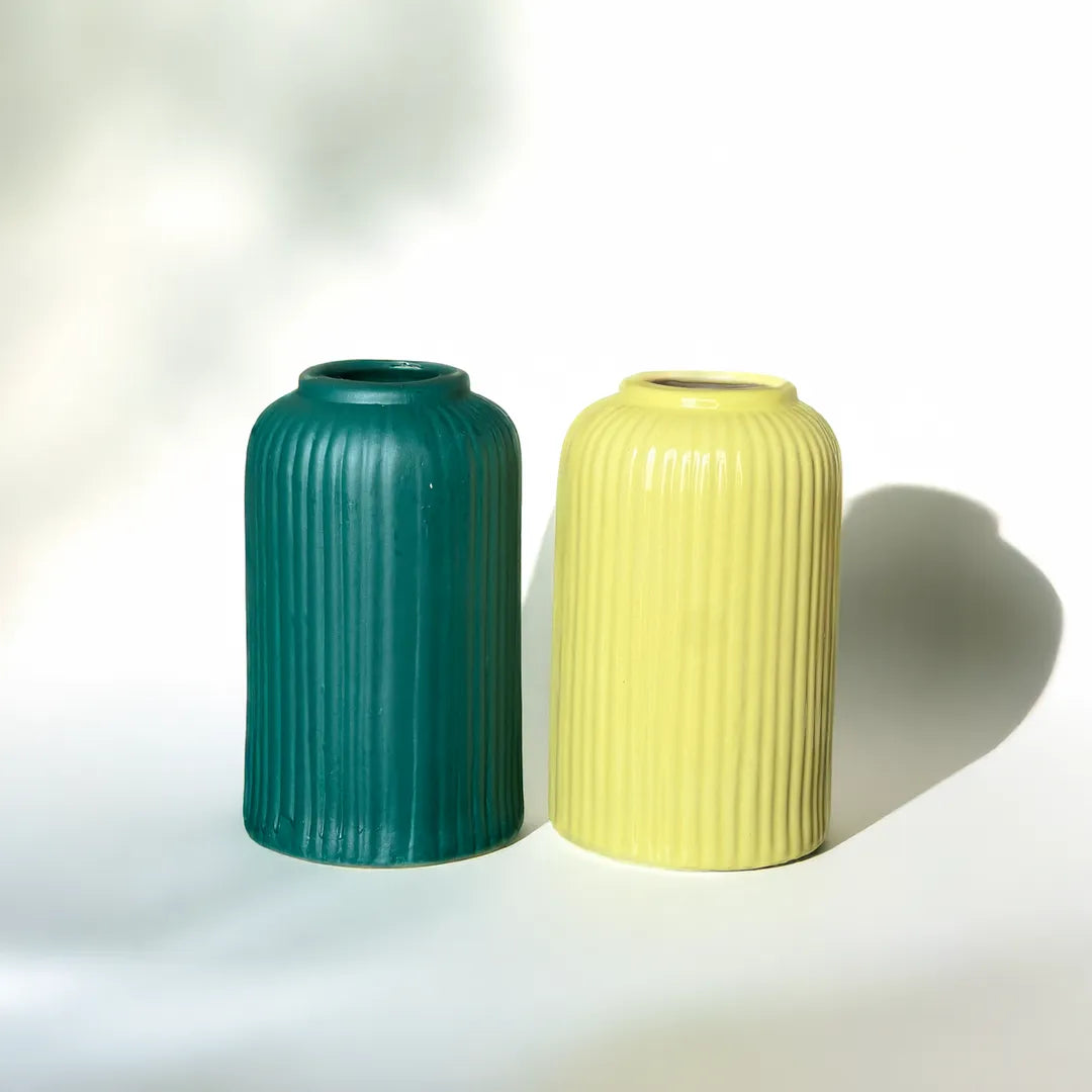 Ribbed Vases Green Yellow Duo