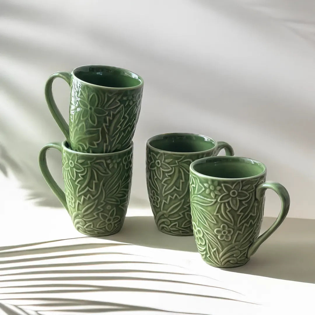 Floral Green Tall Mugs (set of 4)