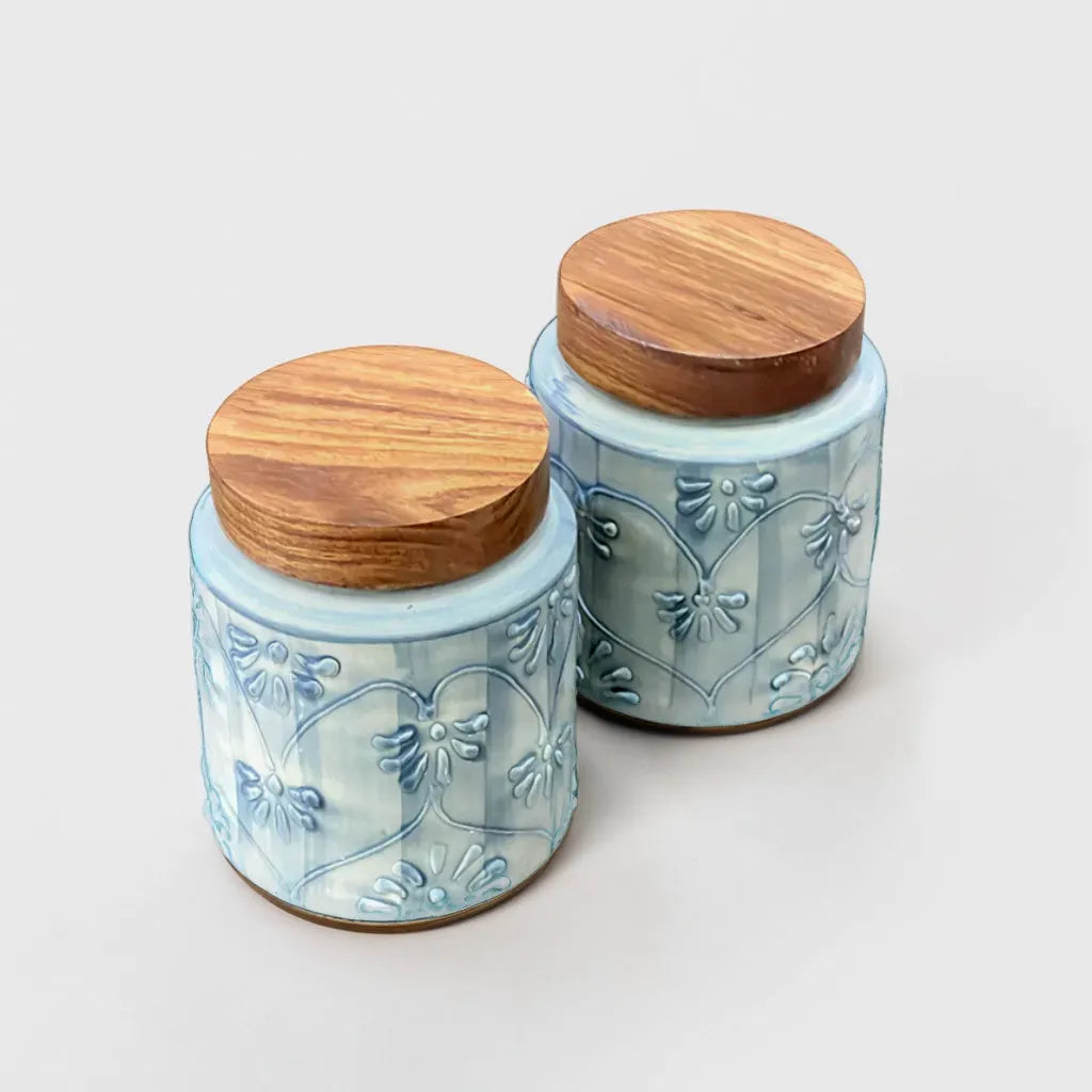 Blue Floral Embossed Air Tight Jar