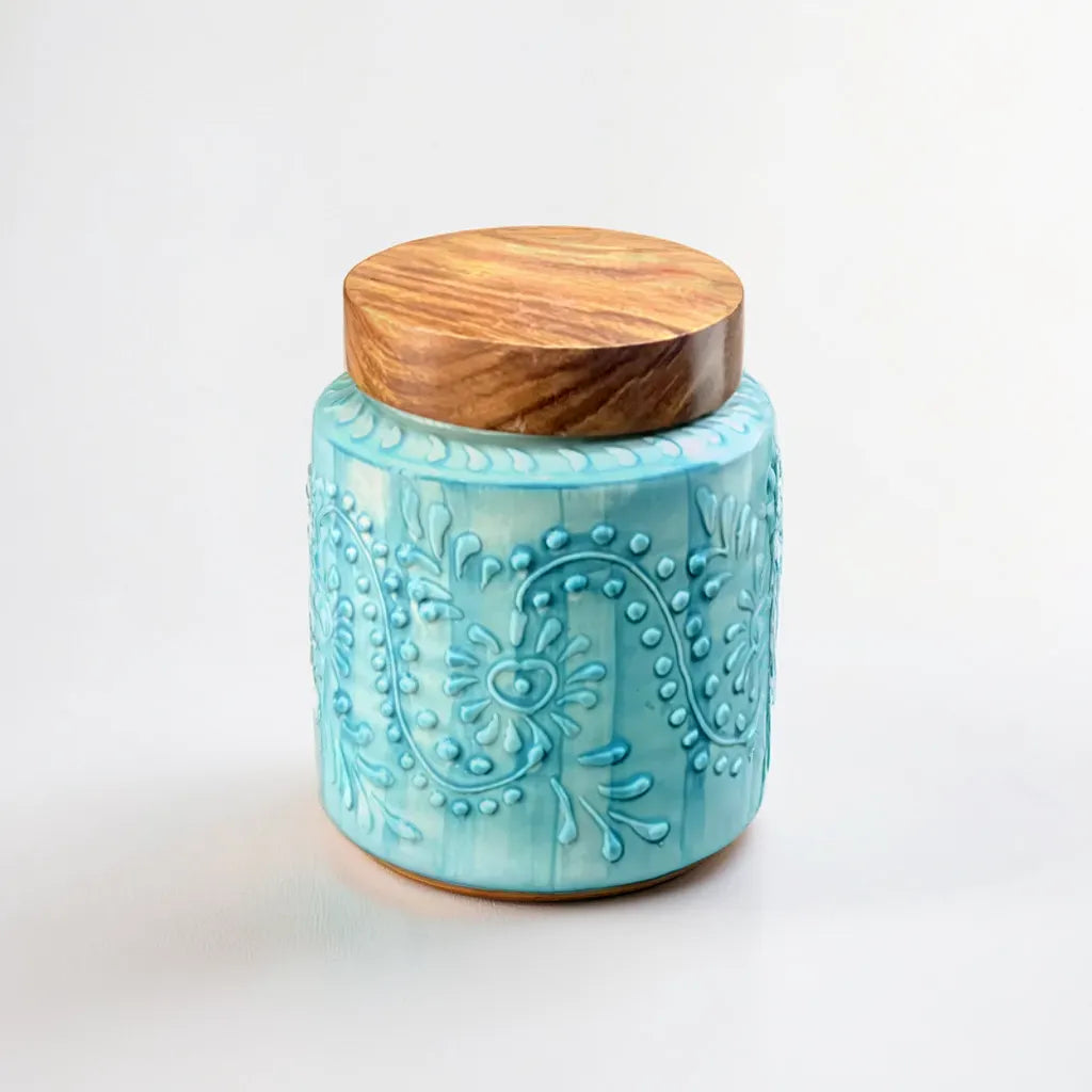 Teal Floral Embossed Air Tight Jar