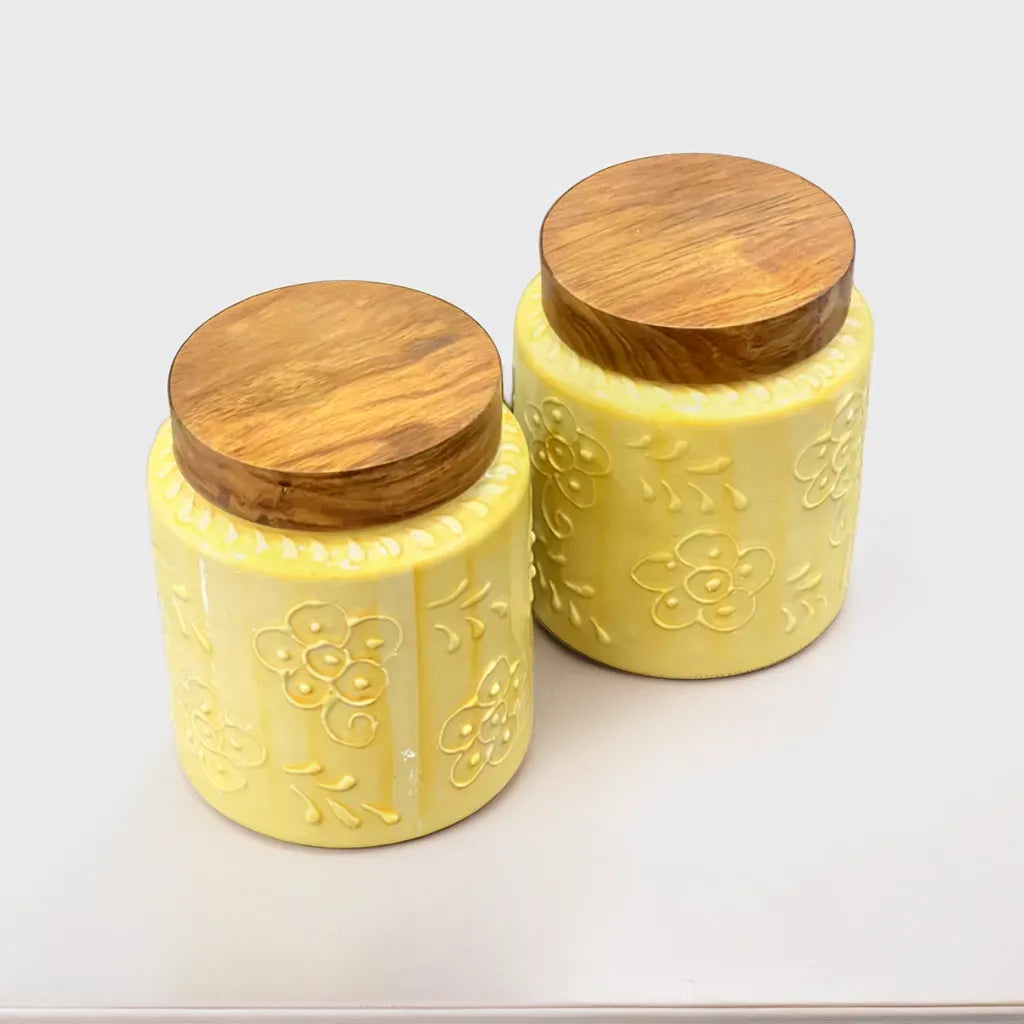Yellow Floral Embossed Air Tight Jar