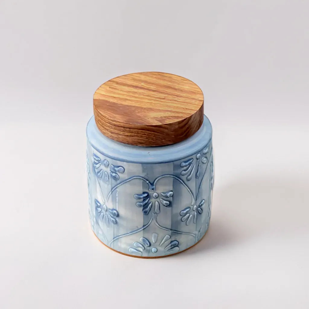 Blue Floral Embossed Air Tight Jar