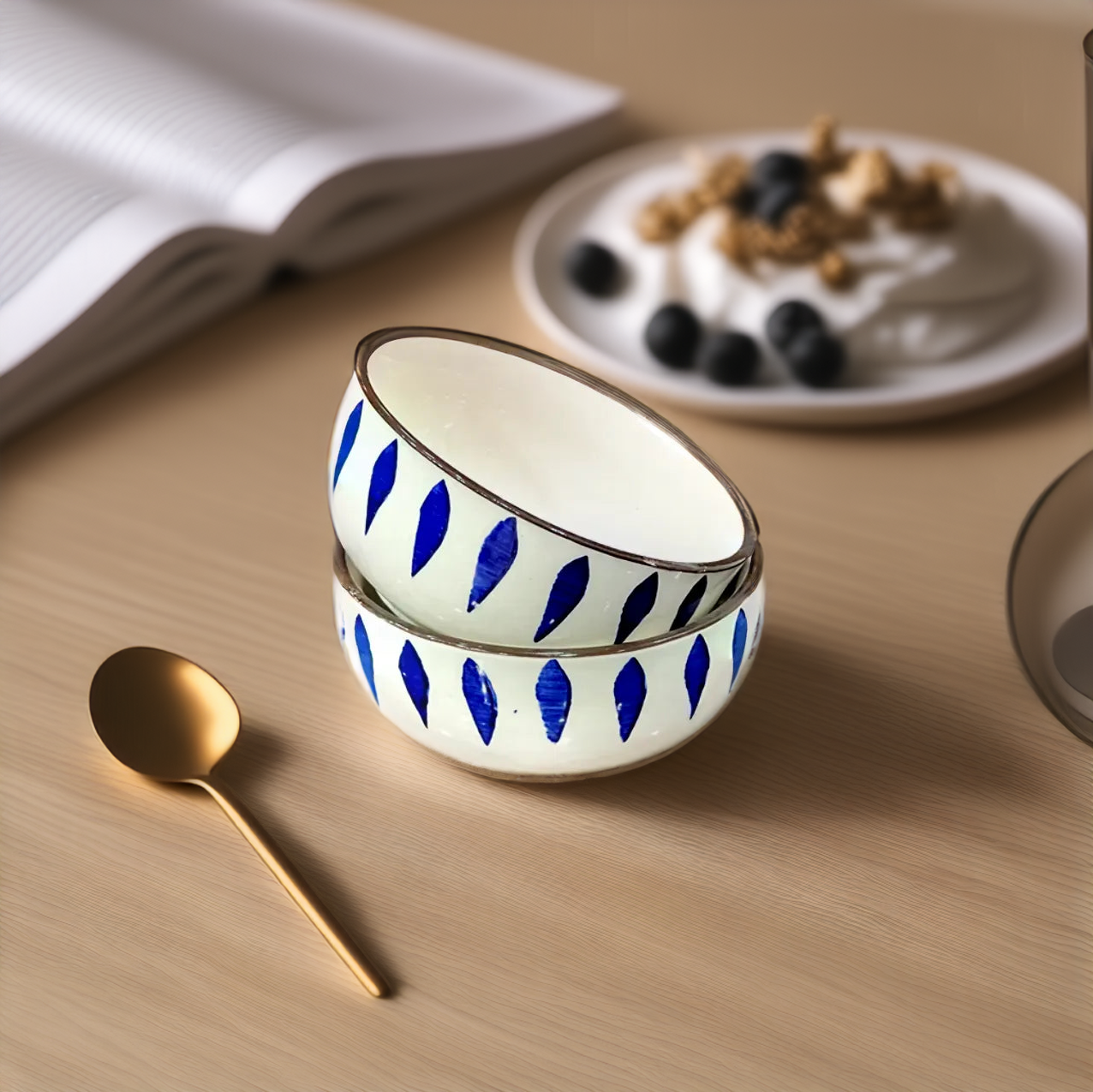 Blue Leaf Patterned Snack Bowls