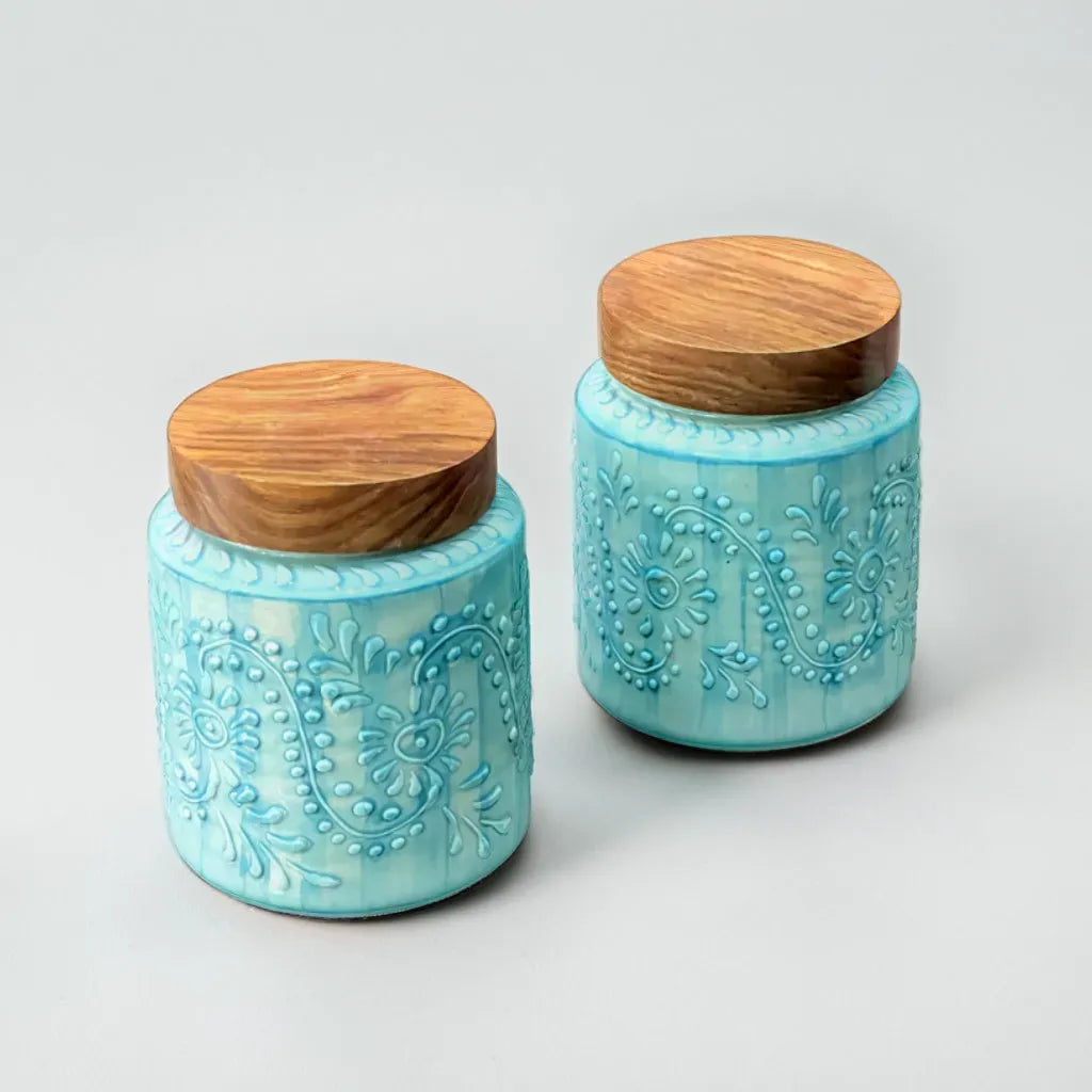 Teal Floral Embossed Air Tight Jar