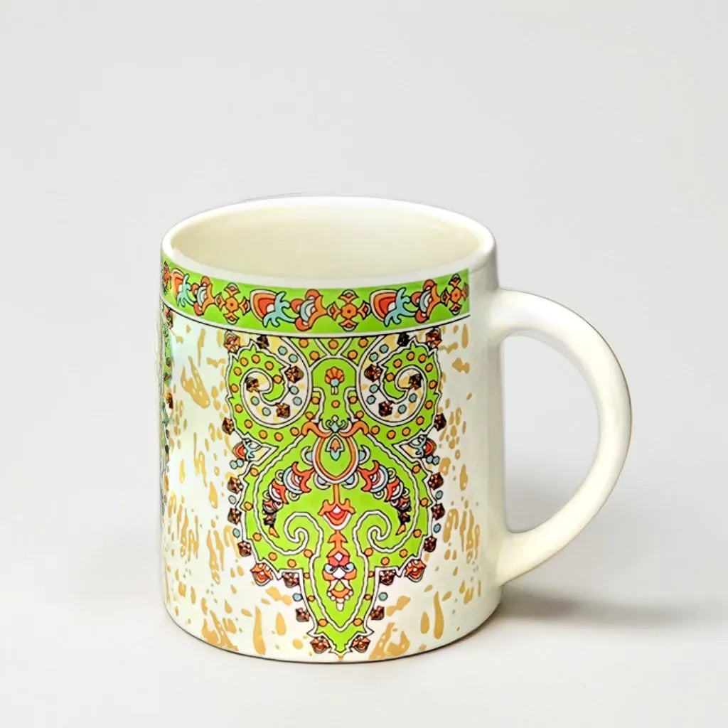 Golden Paisley Coffee Mug with Green Accents