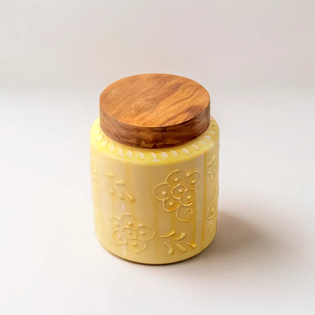 Yellow Floral Embossed Air Tight Jar