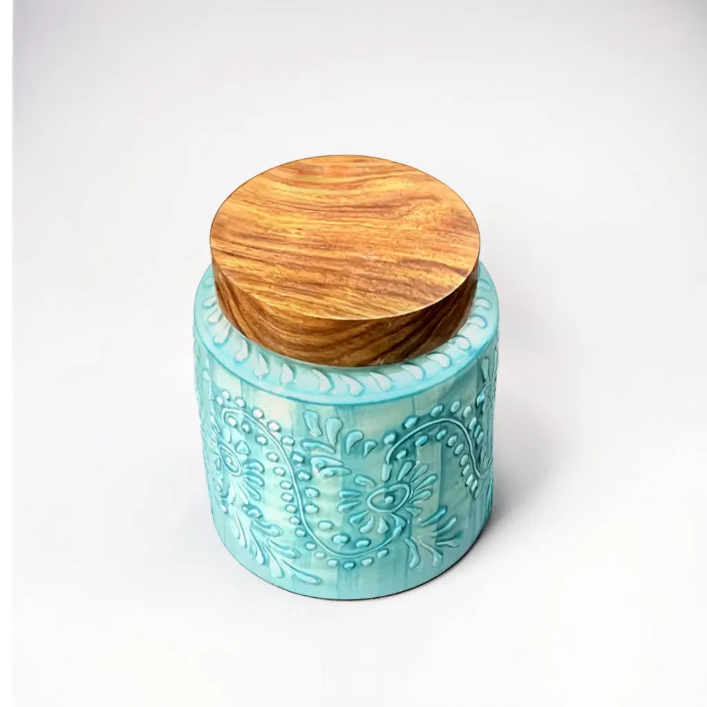 Teal Floral Embossed Air Tight Jar