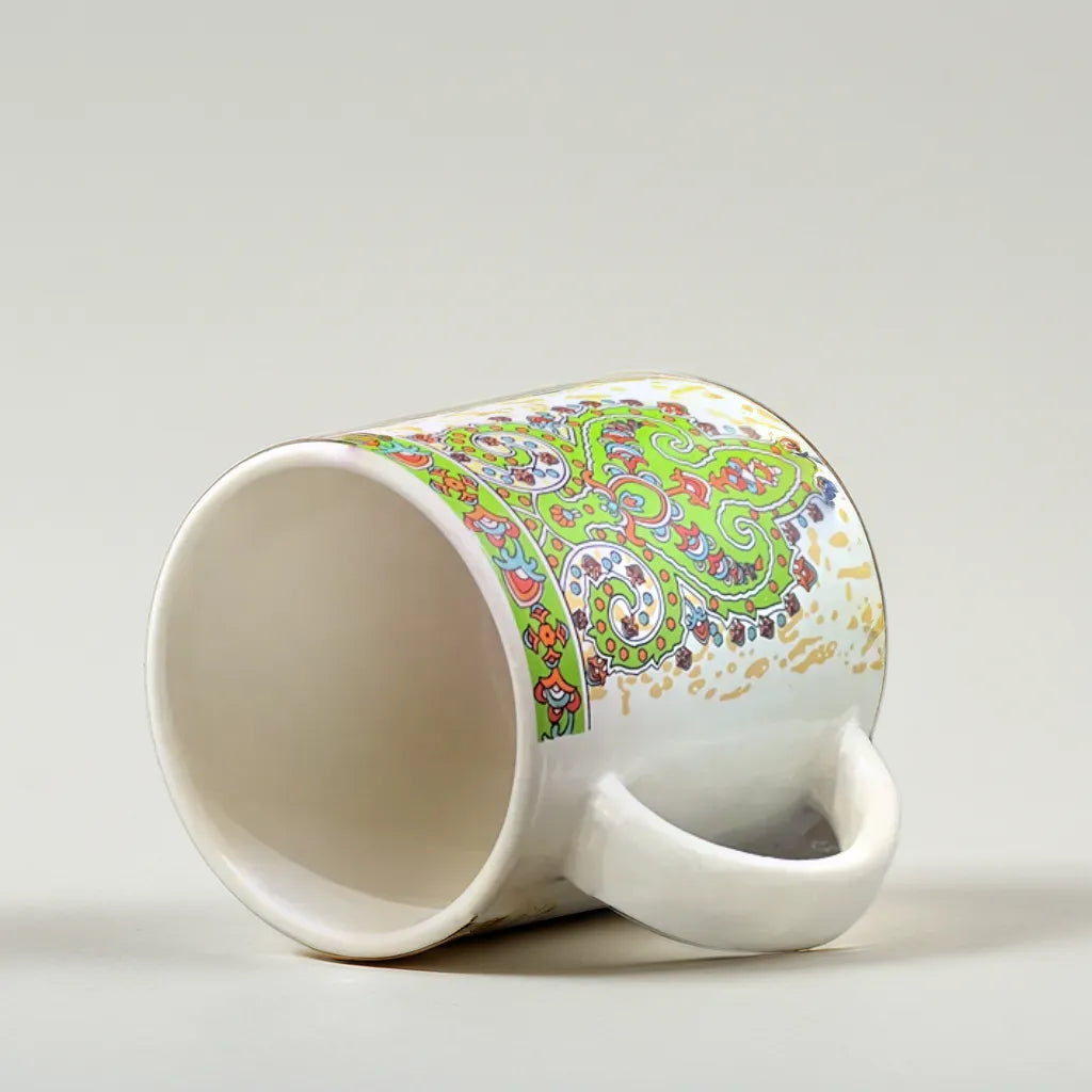 Golden Paisley Coffee Mug with Green Accents